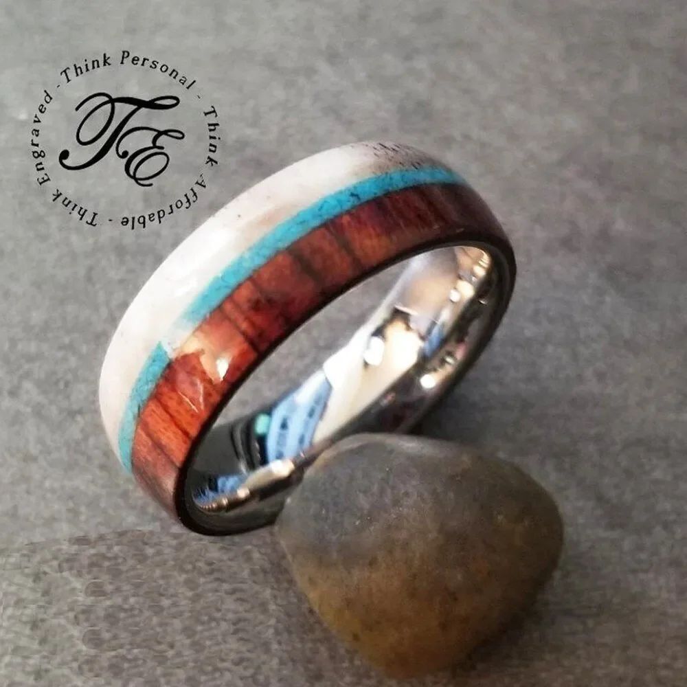 Men'sâRealâTungstenâWedding RingâWithâDeerâAntler,âTurquoiseâandâWoodâOnlays
